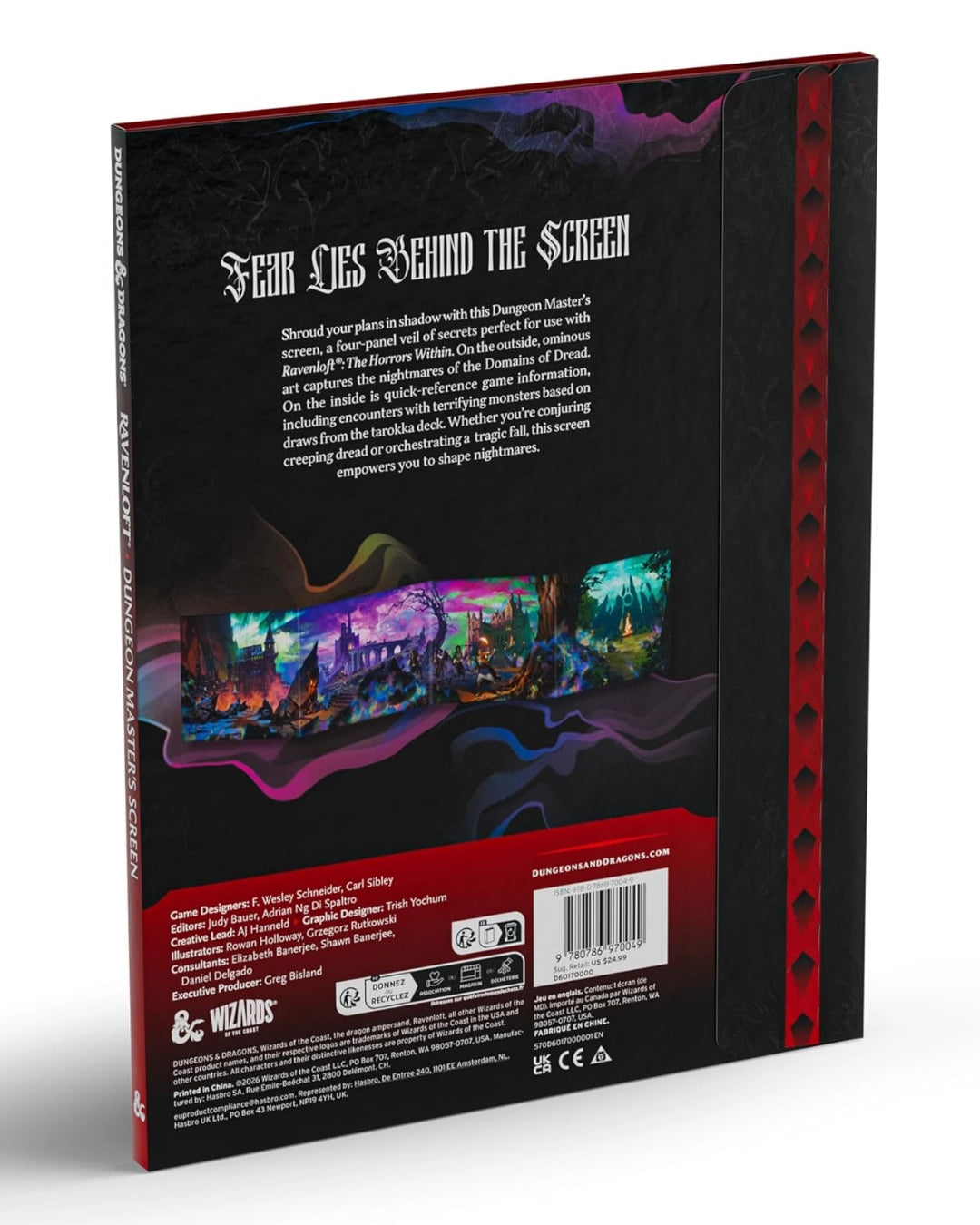 Back cover of D&D Ravenloft: The Horrors Within, Dungeon Master's Screen, with text and graphics, featuring a colourful scene.