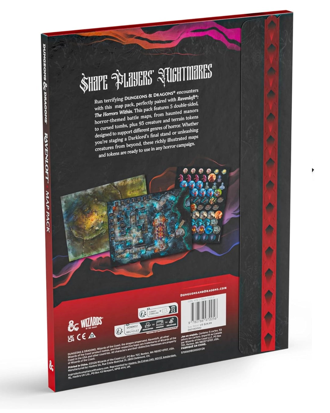 Back cover of Dungeons & Dragons - Ravenloft: The Horrors Within Map Pack
 With text and graphics, featuring a red border.