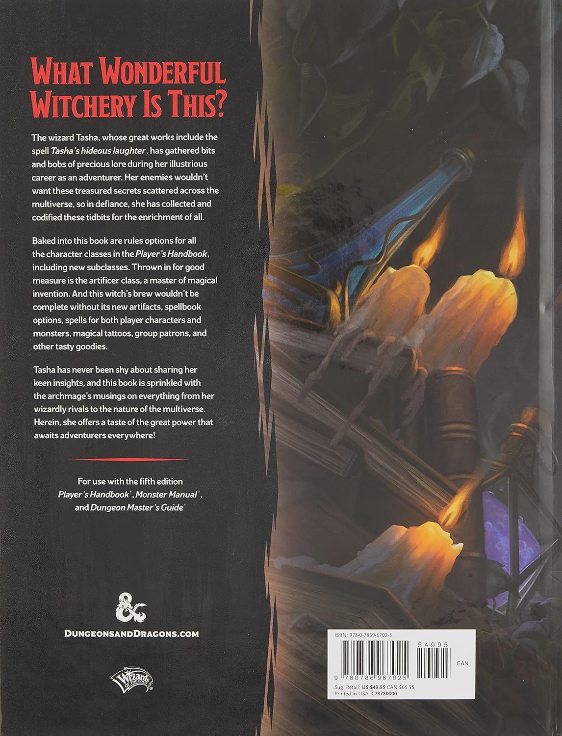 Back cover of a Dungeons & Dragons book with text and illustrations of candles and a dragon.