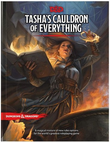 Cover of the Dungeons & Dragons Book 'Tasha's Cauldron of Everything' featuring an illustration of the character Tasha holding a book, with a background of a fiery cauldron and magical effects.

