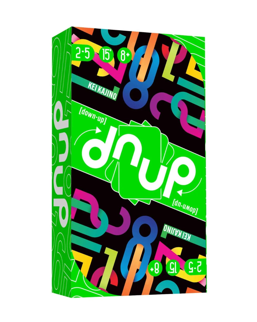 dnup card game packaging with colourful interlinking numbers