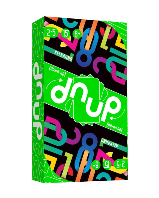 dnup card game packaging with colourful interlinking numbers