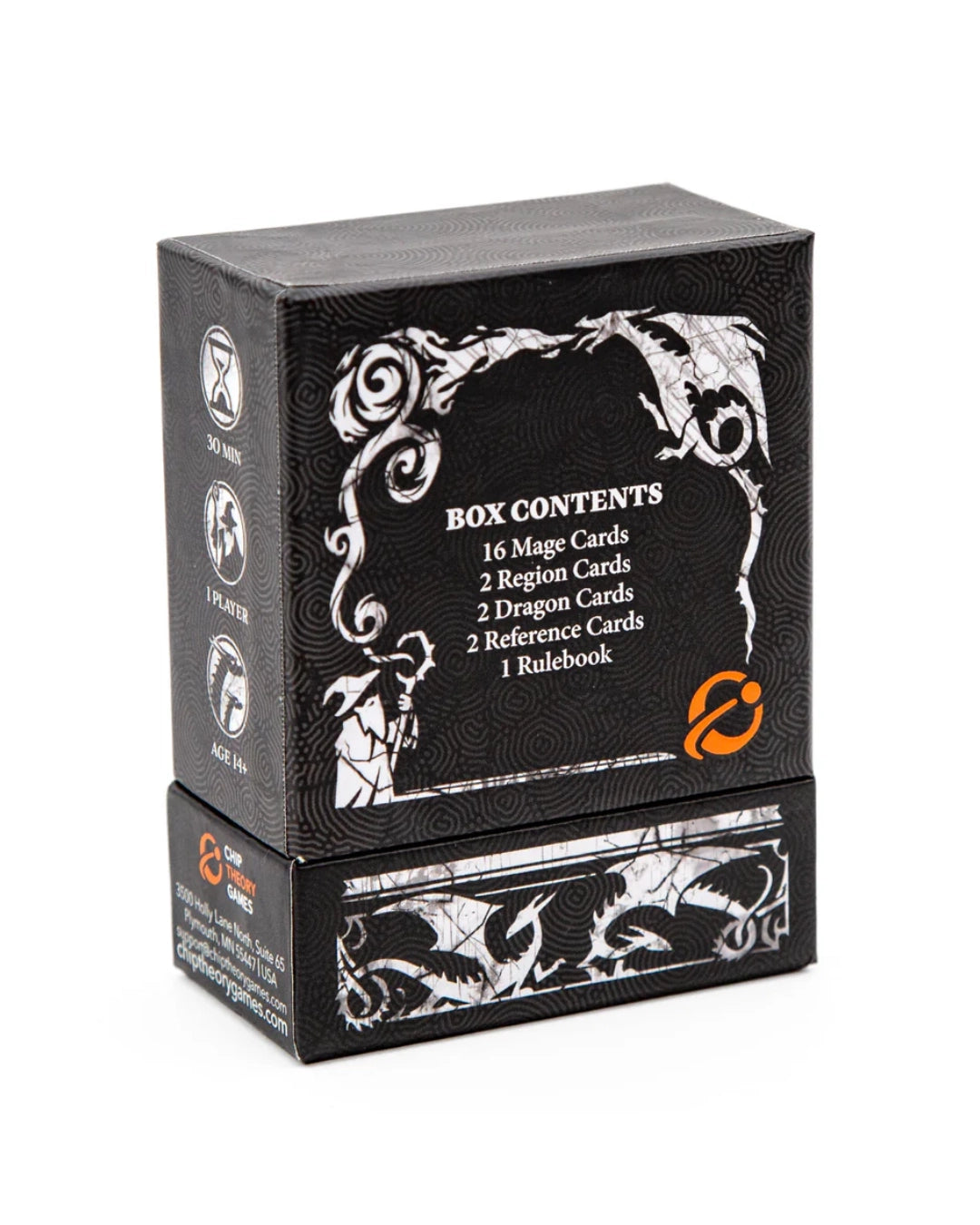 Dragon's of Etchinstone rear of box. The box is predominantly black with ornate white dragon illustrations and white text listing contents: 16 mage cards, 2 region cards, 2 dragon cards, 2 reference cards, and 1 rulebook.