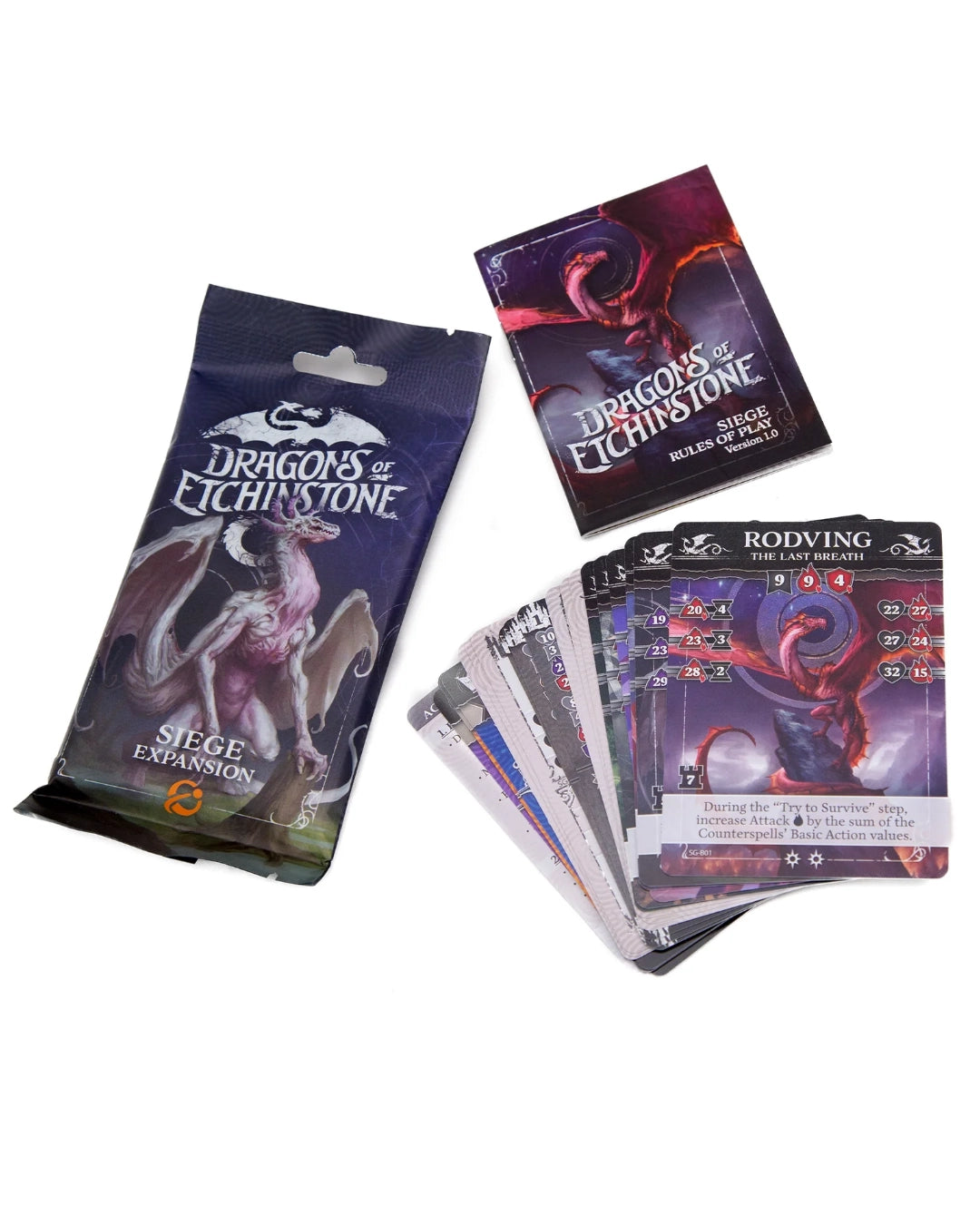 Dragon's Lichstone Siege Expansion card deck box, a single card, and a fan of cards on a plain white background.