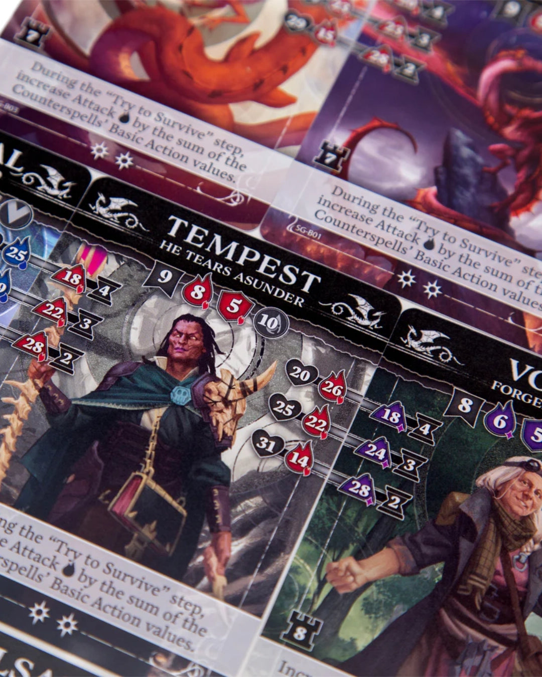 Close-up of Dragon's of Etchinstone Siege Expansion card pack artwork showing the Tempest card with character art, stats, and game text on a dark card frame.
