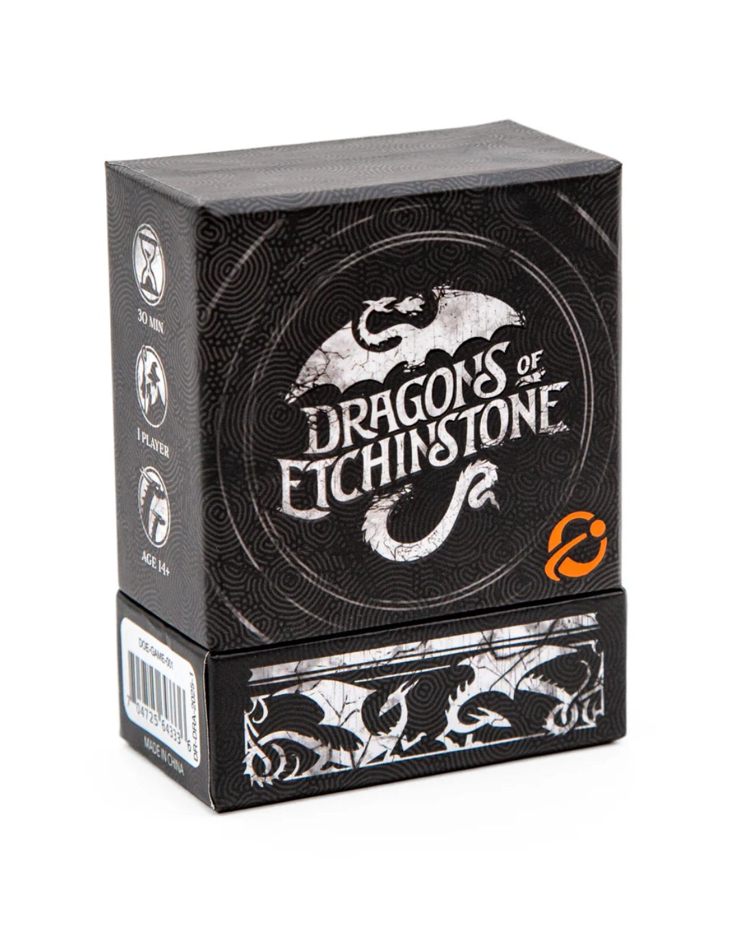 Dragon's of Etchinstone card deck box and matching card shield box, featuring a black and white dragon design with an orange logo accent, on a white background.