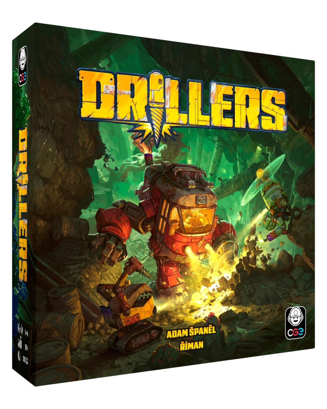 Board game box for 'Drillers' featuring a dark cave scene with a large red robot and yellow title text, shown at a three-quarter angle on a white background.