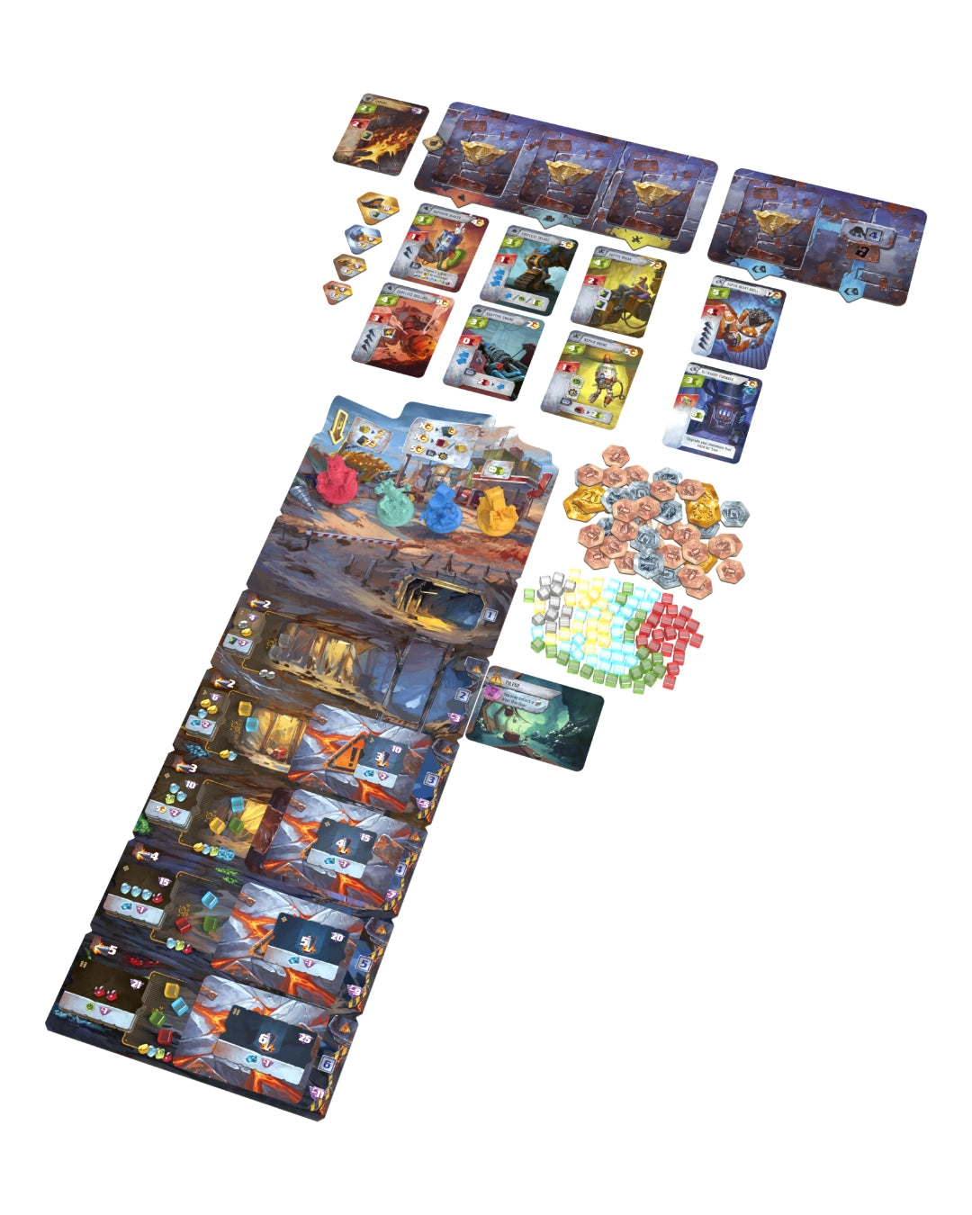 Drillers board game set laid out on a plain white background, including a long illustrated playmat, multiple character cards, action cards, tokens, dice, and small colored pieces.