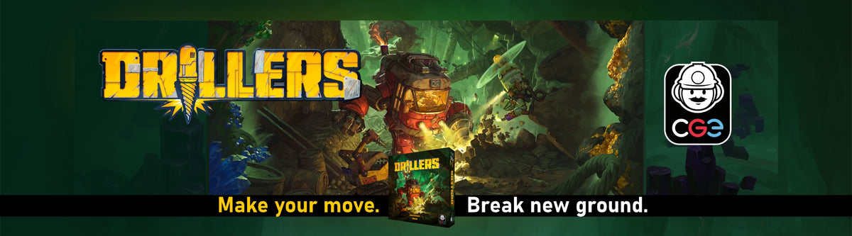 Promotional banner for the board game Drillers, featuring stylised yellow and orange title text, a dark illustrated game scene with a character holding a drill, and a CGC logo on a dark green background.