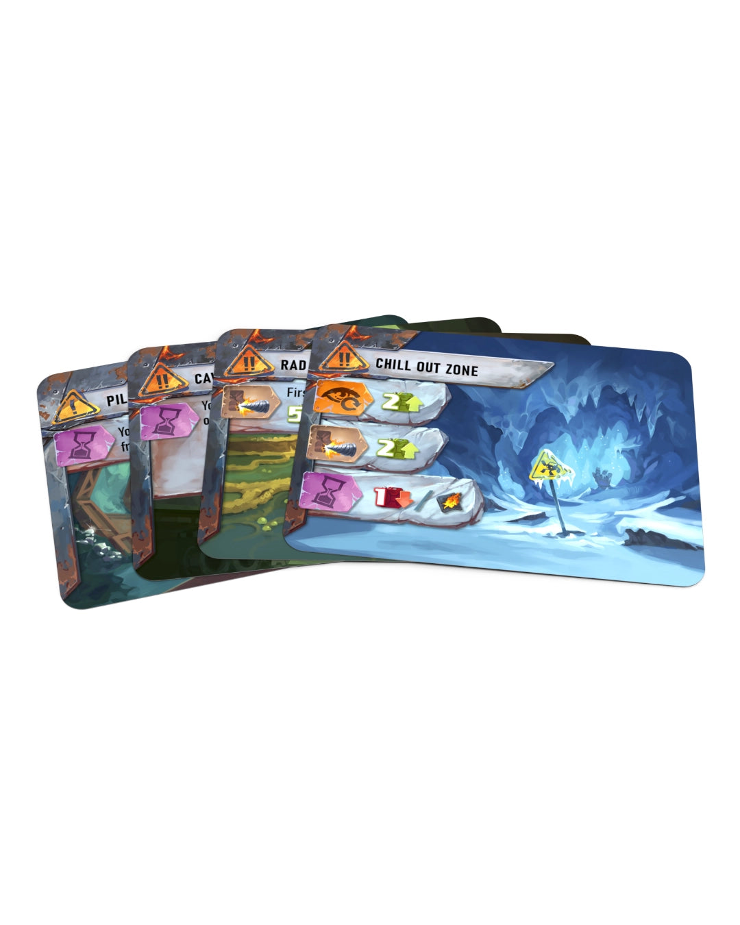 Drillers board game illustrated game cards fanned out on a plain white background. The cards feature fantasy-style artwork with warning icons, colored zones, and a blue icy scene on the top card.