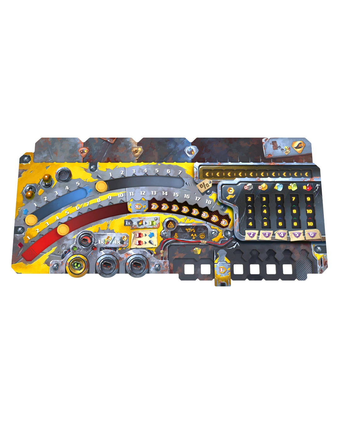 Drillers board game decorative board or plaque featuring metallic silver gears, a bright yellow base, red and blue curved accents, black switches, and numerous small gold and silver details, photographed on a plain white background.