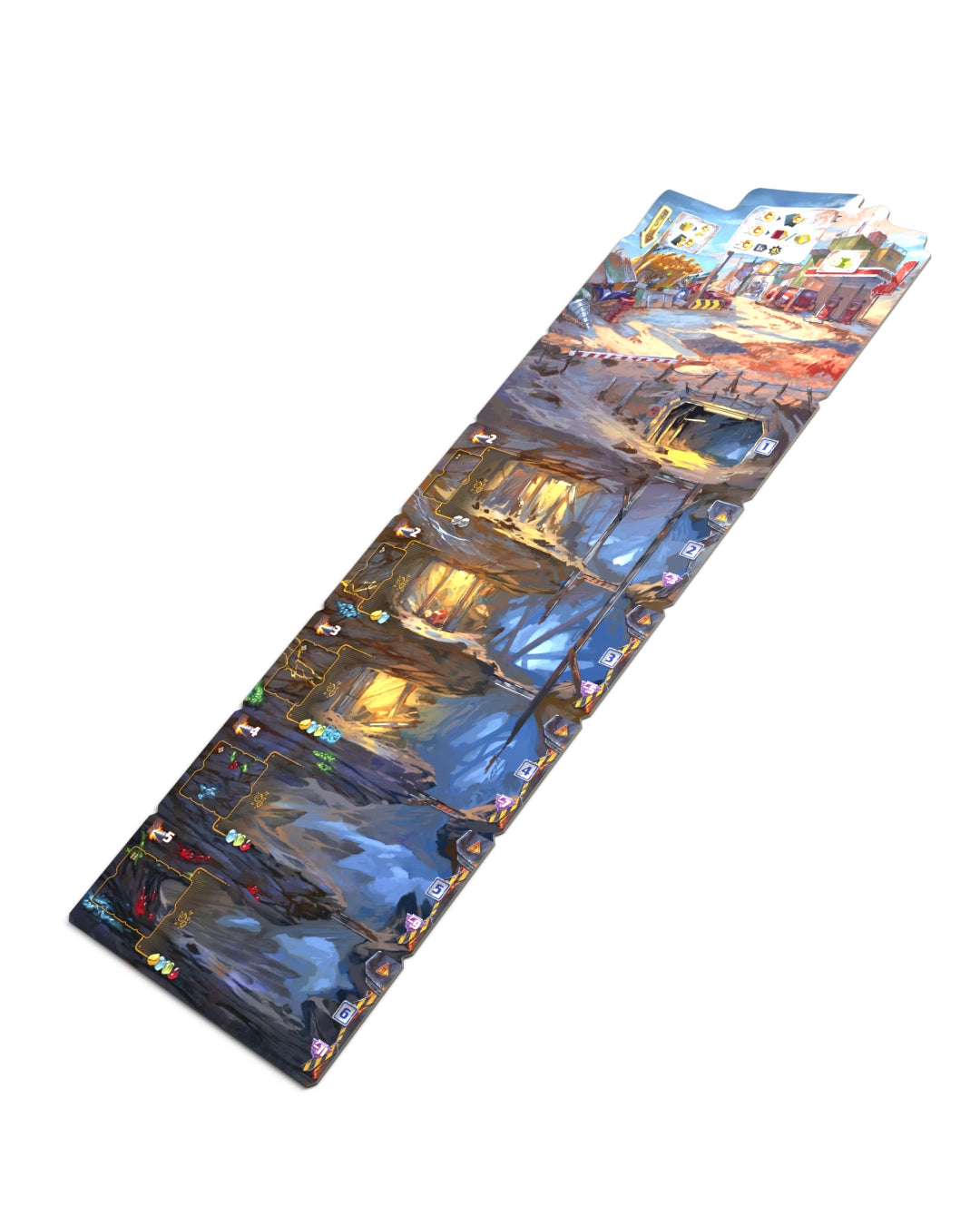 Drillers board game rectangular board or plaque featuring a detailed fantasy cityscape illustration in cool blue, gray, and warm gold tones, shown on a plain white background.