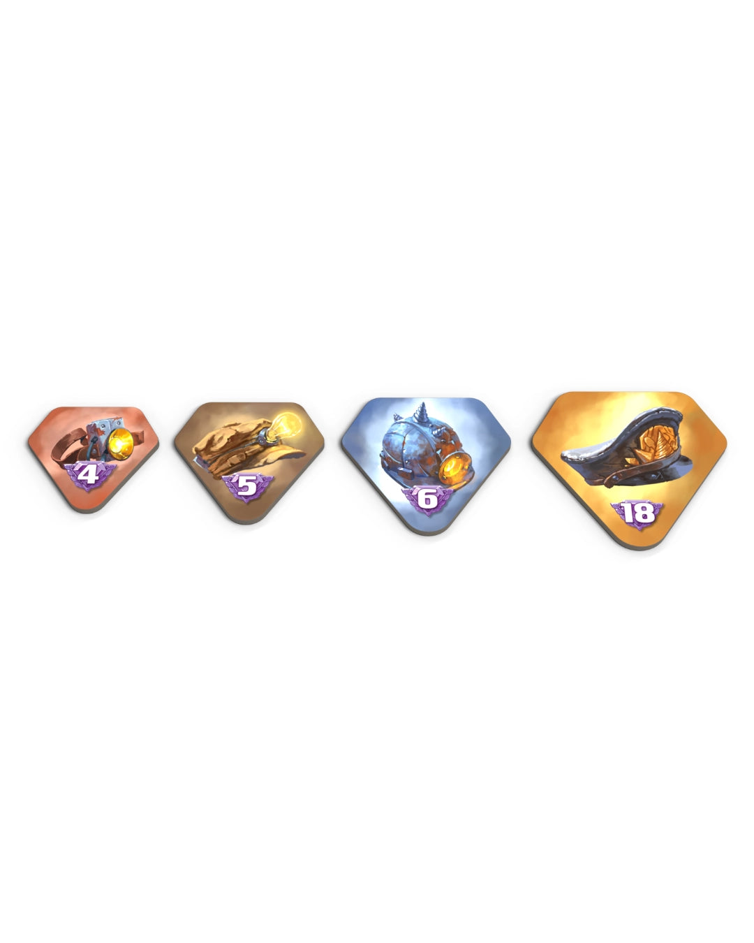 Drillers board game collectable tiles arranged in a row on a plain white background, each showing a different fantasy creature or item with a number printed below (4, 5, 6, 18).