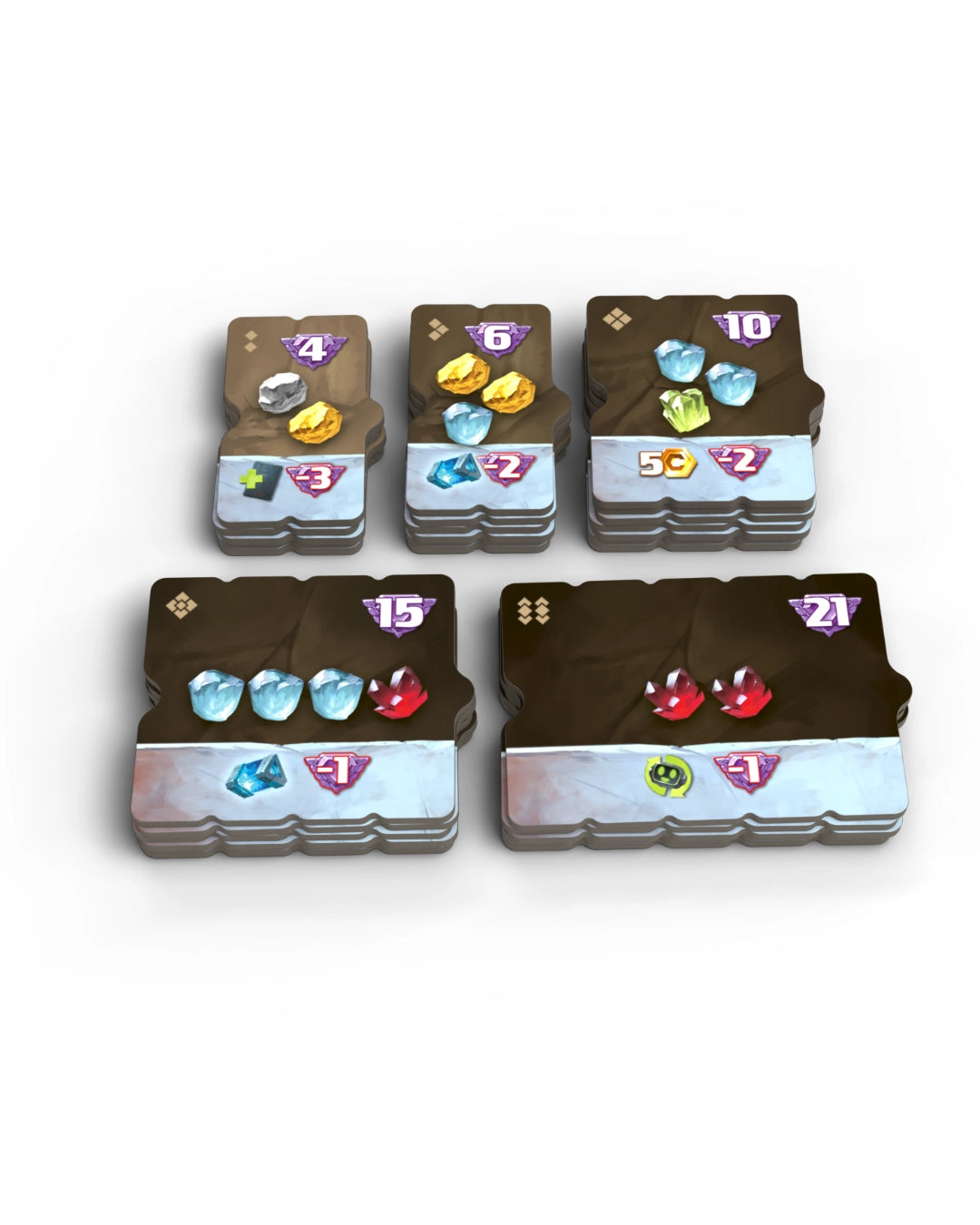 Drillers board game tokens or resource tiles arranged on a clean white background. The stacks feature dark brown textured tops with colourful gem-like symbols in blue, red, green, purple, and gold, mounted on a light gray base.