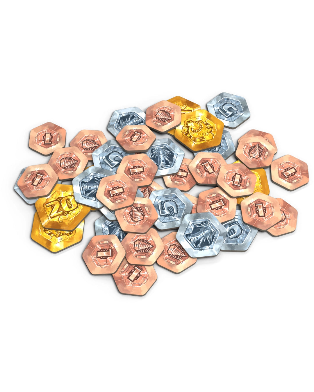 Drillers board game pile of small hexagonal coin-like tokens in metallic copper, silver, and gold tones, arranged on a plain white background.
