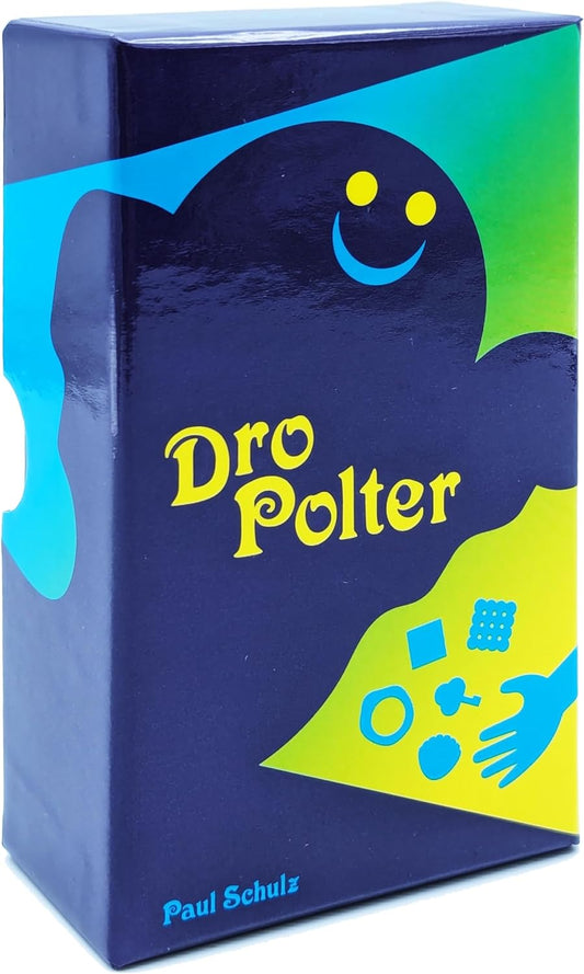 Card game box titled 'Dro Polter' by Paul Schulz with colourful design on a blue background