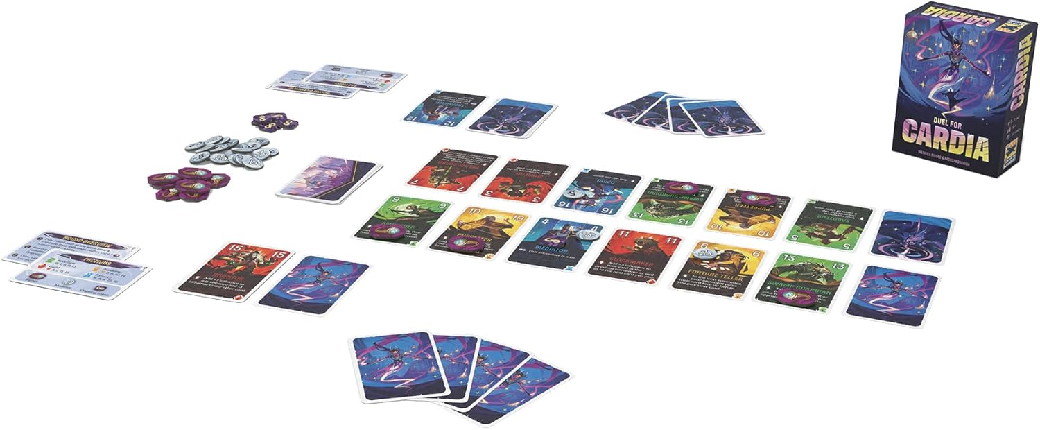 Card game 'Cardia' with cards and pieces on a white background