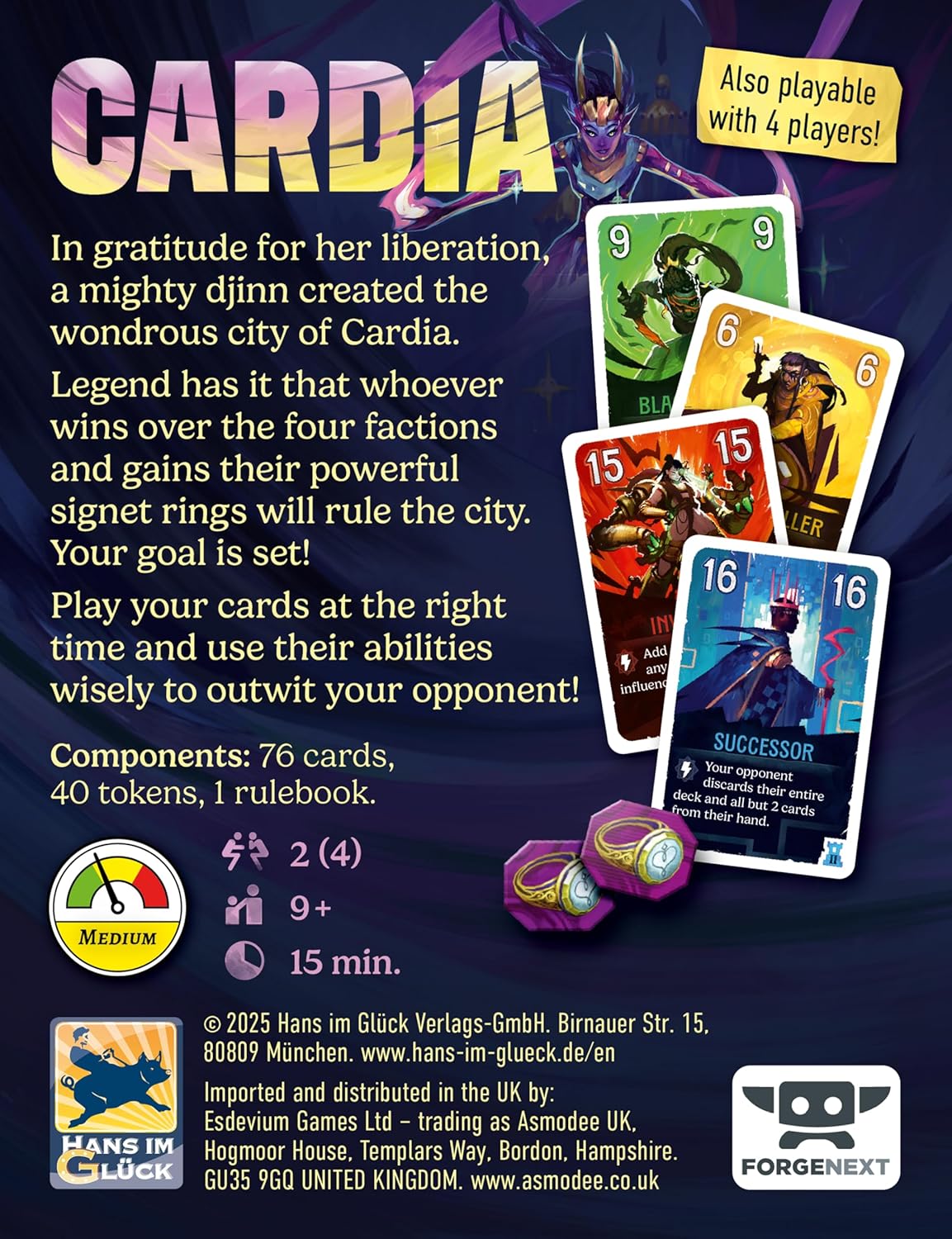 Card game packaging for 'Cardia' with game components and rules text.