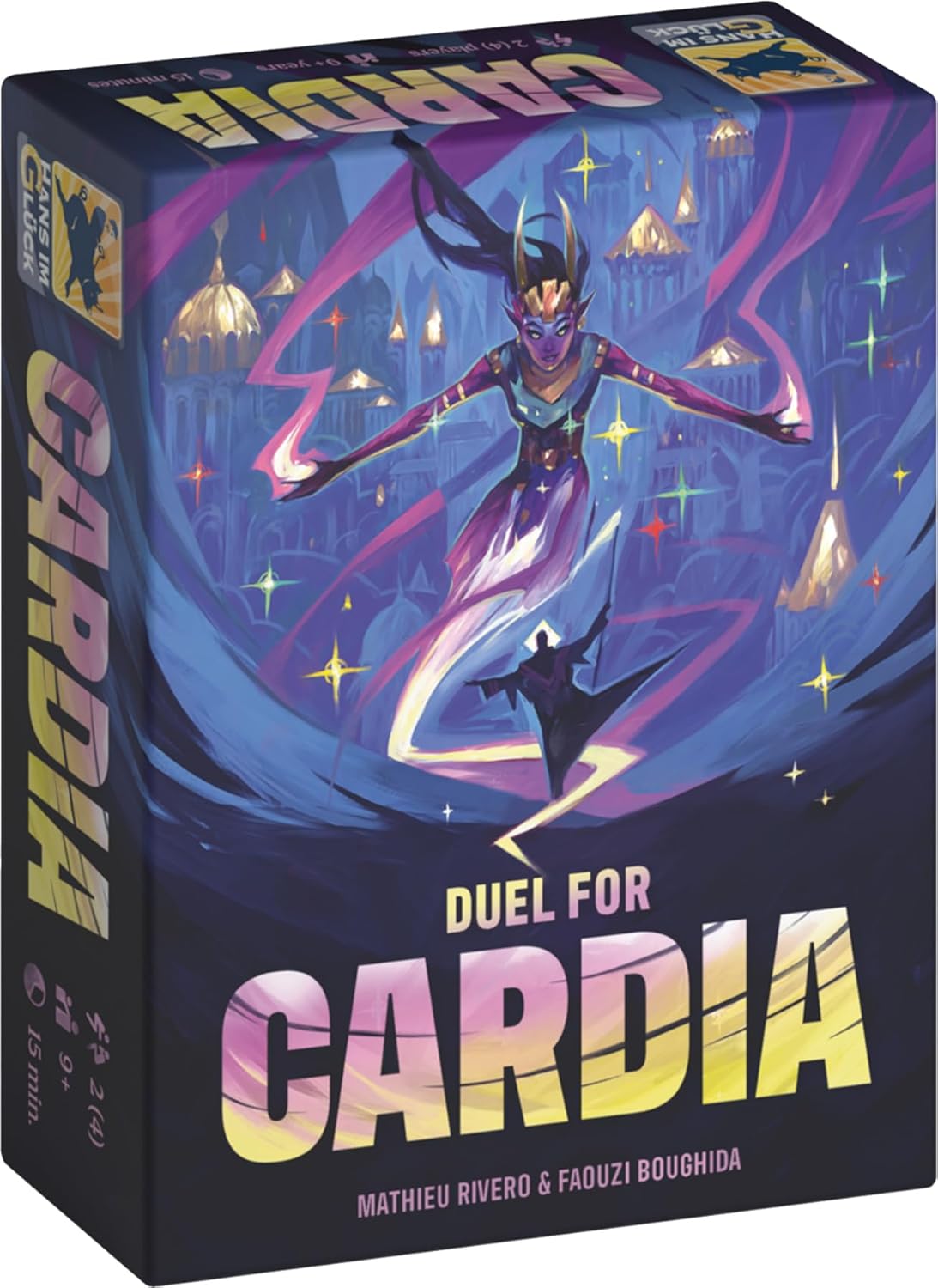 Board game box for 'Duel for Cardia' with a character illustration on a dark background