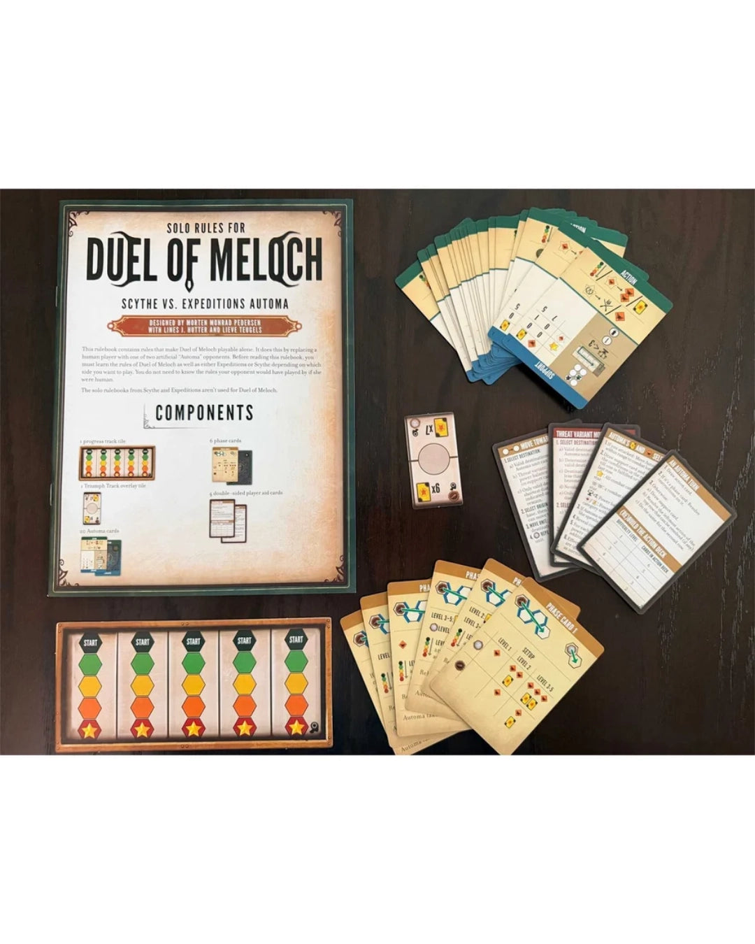Board game components for Duel of Meloch: Scythe vs Expeditions, arranged on a dark wood surface.