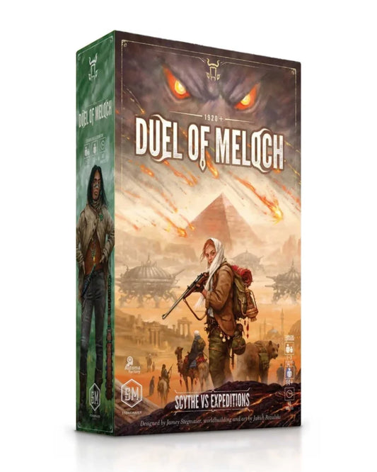 The board game box for 'Duel of Meloch: Scythe vs Expeditions' is shown at a three-quarter angle on a white background. The box art features a dramatic sci-fi desert scene with a warrior, pyramids, and a giant glowing face in the sky.