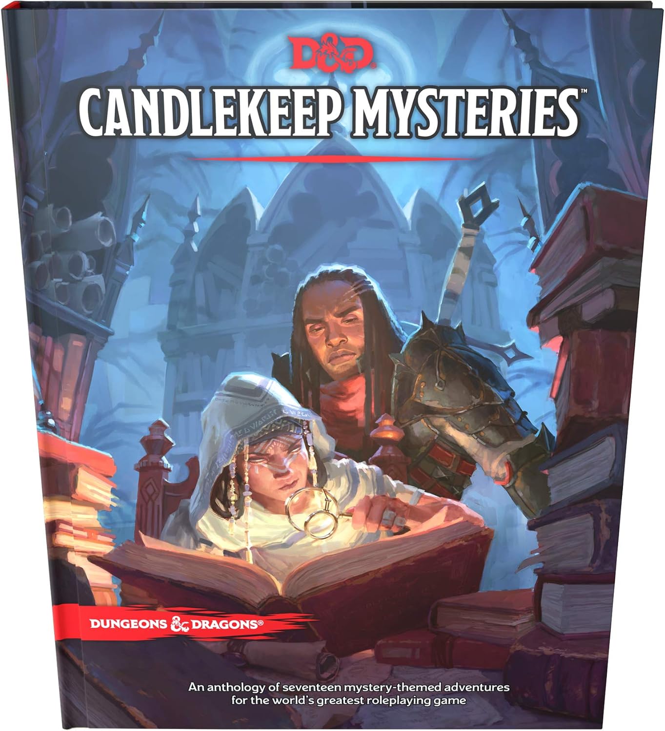 Book cover of 'Candlekeep Mysteries' for Dungeons & Dragons featuring two characters and a book.