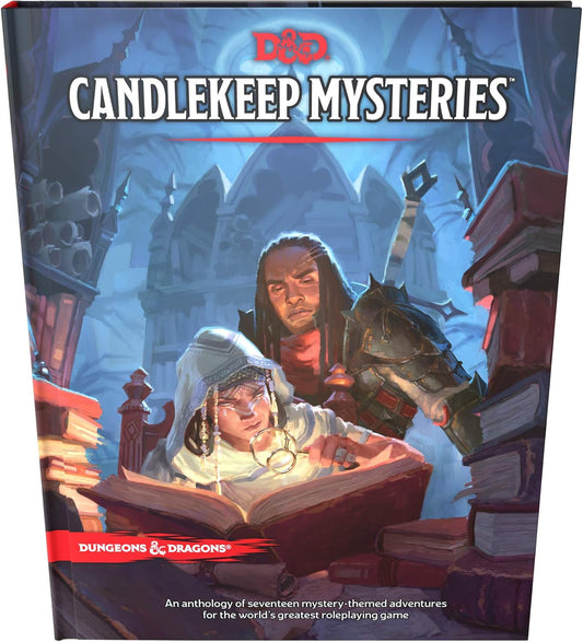 Book cover of 'Candlekeep Mysteries' for Dungeons & Dragons featuring two characters and a book.