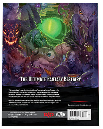 Back cover of the Monster Manual for Dungeons & Dragons, featuring illustrated monsters.
