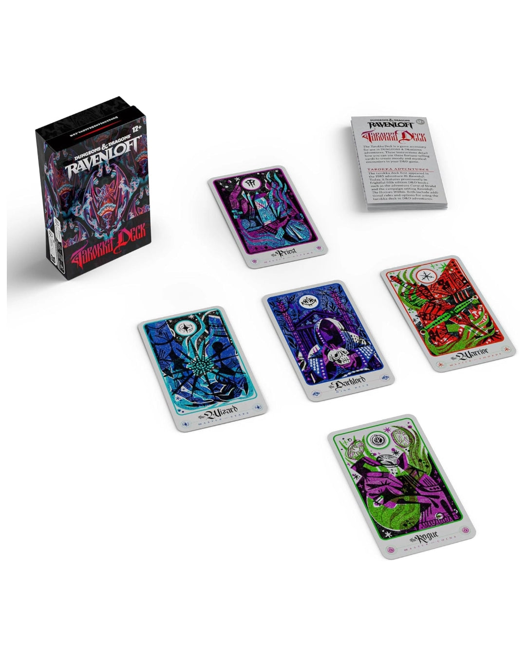 Set of cards with colourful designs on a white background, featuring a box labelled 'Ravenloft'.