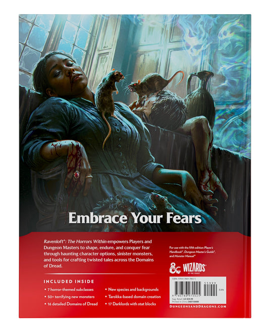 Dungeons & Dragons Ravenloft: The Horrors Within, back of book cover with a woman in a dark room, rats, and text about embracing fears.