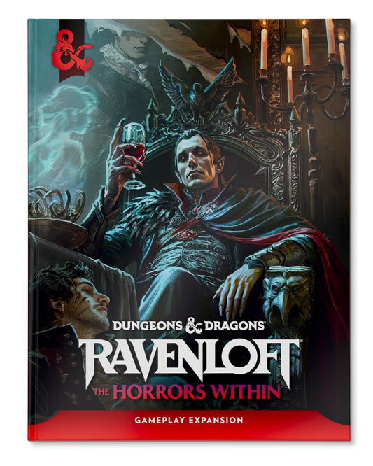 Dungeons & Dragons Ravenloft book cover with a dark-themed illustration of a character holding a glass.
