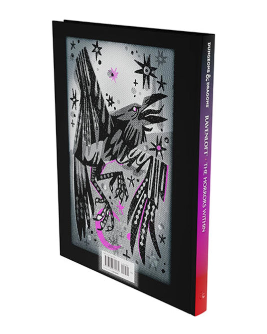 A hardcover book titled 'Ravenloft: The horrors within' shown at an angle on a white background. The cover features a black and white illustration of a raven with pink accents, and the spine displays the title and author names vertically.