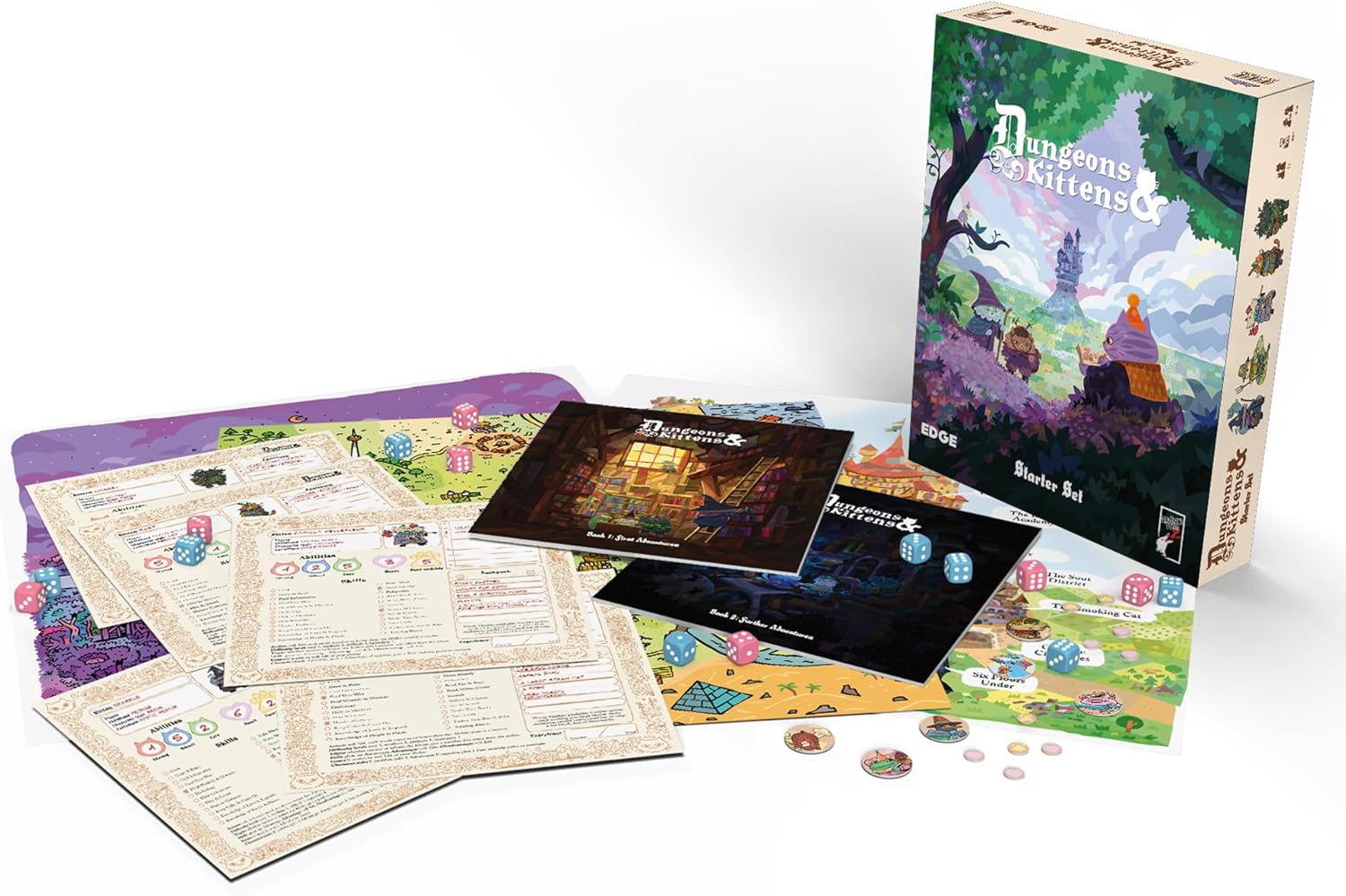 Dungeons & Dragons game set with character sheets, dice, and box on a white background