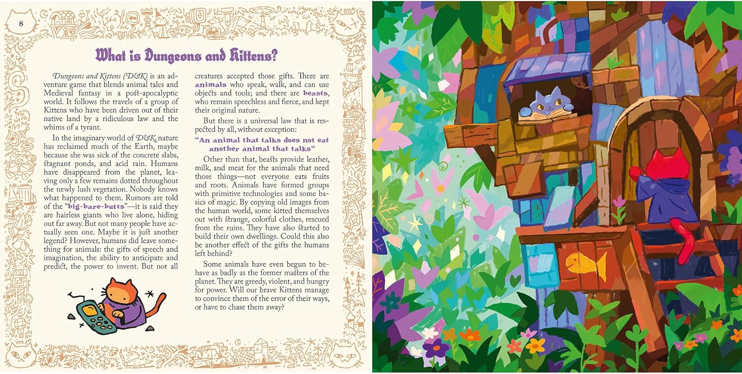 Illustrated book page with text and colourful artwork of a fantasy scene.