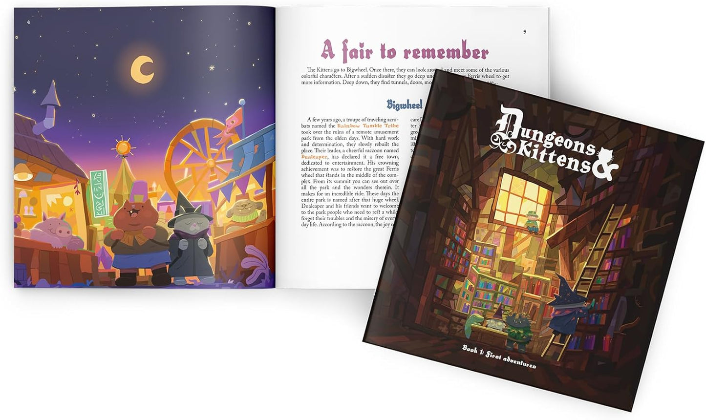 Gaming book titled 'Dungeons & Kittens' with colourful illustrations of a cat and a town scene.