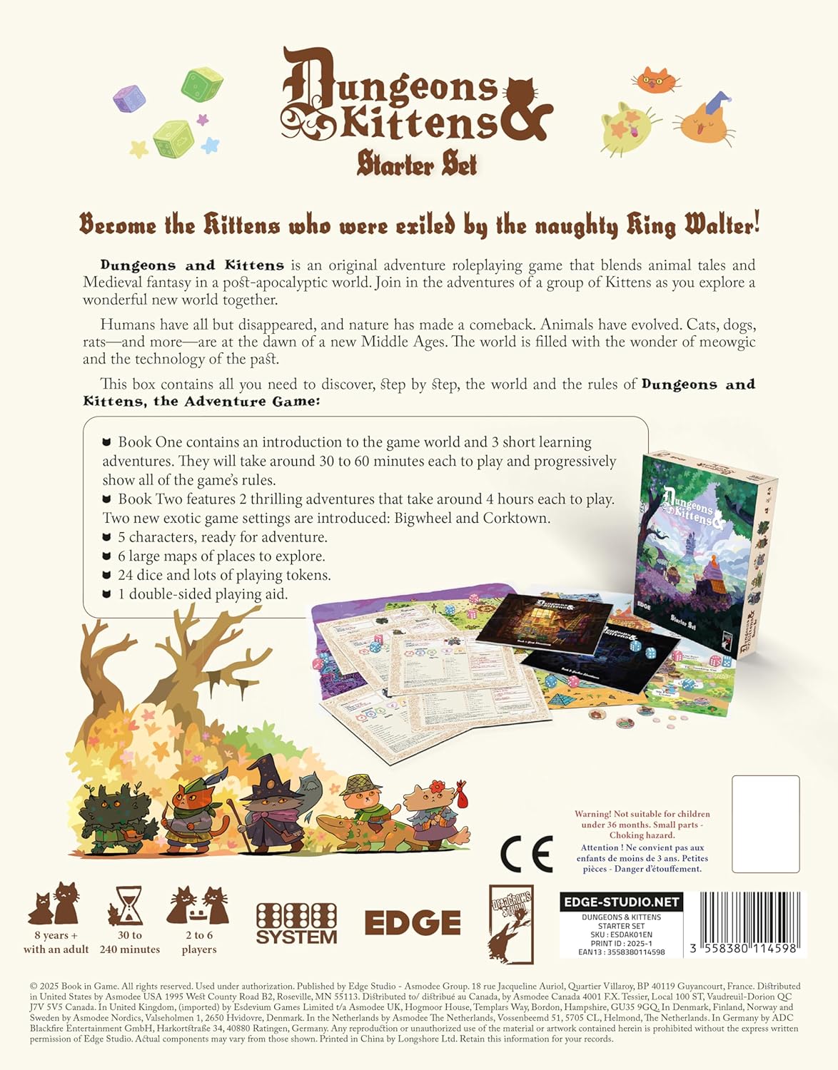 Back cover of Dungeons & Kittens starter set packaging with game components and text.
