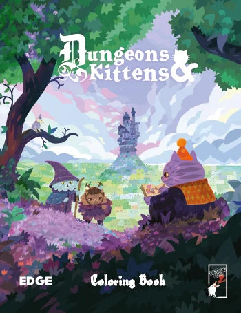 Cover of 'Dungeons & Kittens' colouring book with fantasy-themed illustration.
