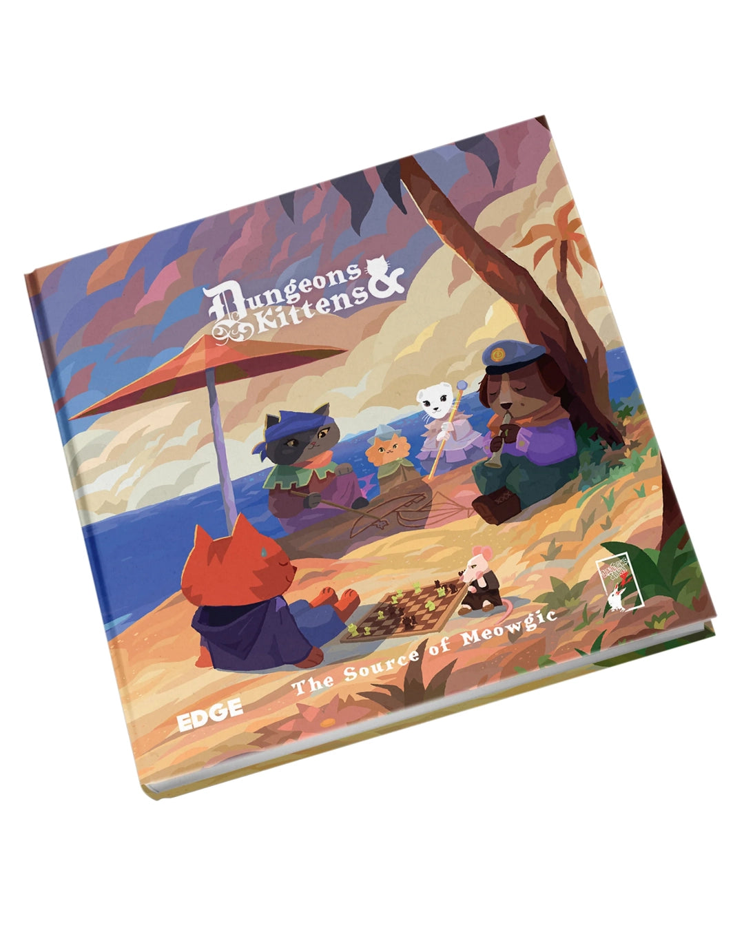 The Source of Meowgic: Dungeons & Kittens hardcover book by Edge, featuring a colourful illustrated cover with cartoon animals on a beach scene, shown at an angle on a white background.