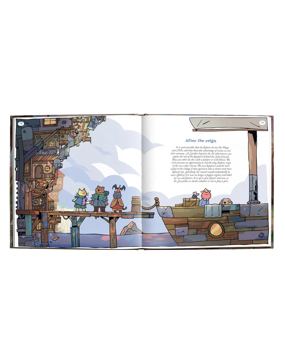 The Source of Meowgic: Dungeons & Kittens hardcover book by Edge, spread showing a colourful illustration of fantasy animal characters on a wooden dock next to a boat, with a page of Spanish text on the right.