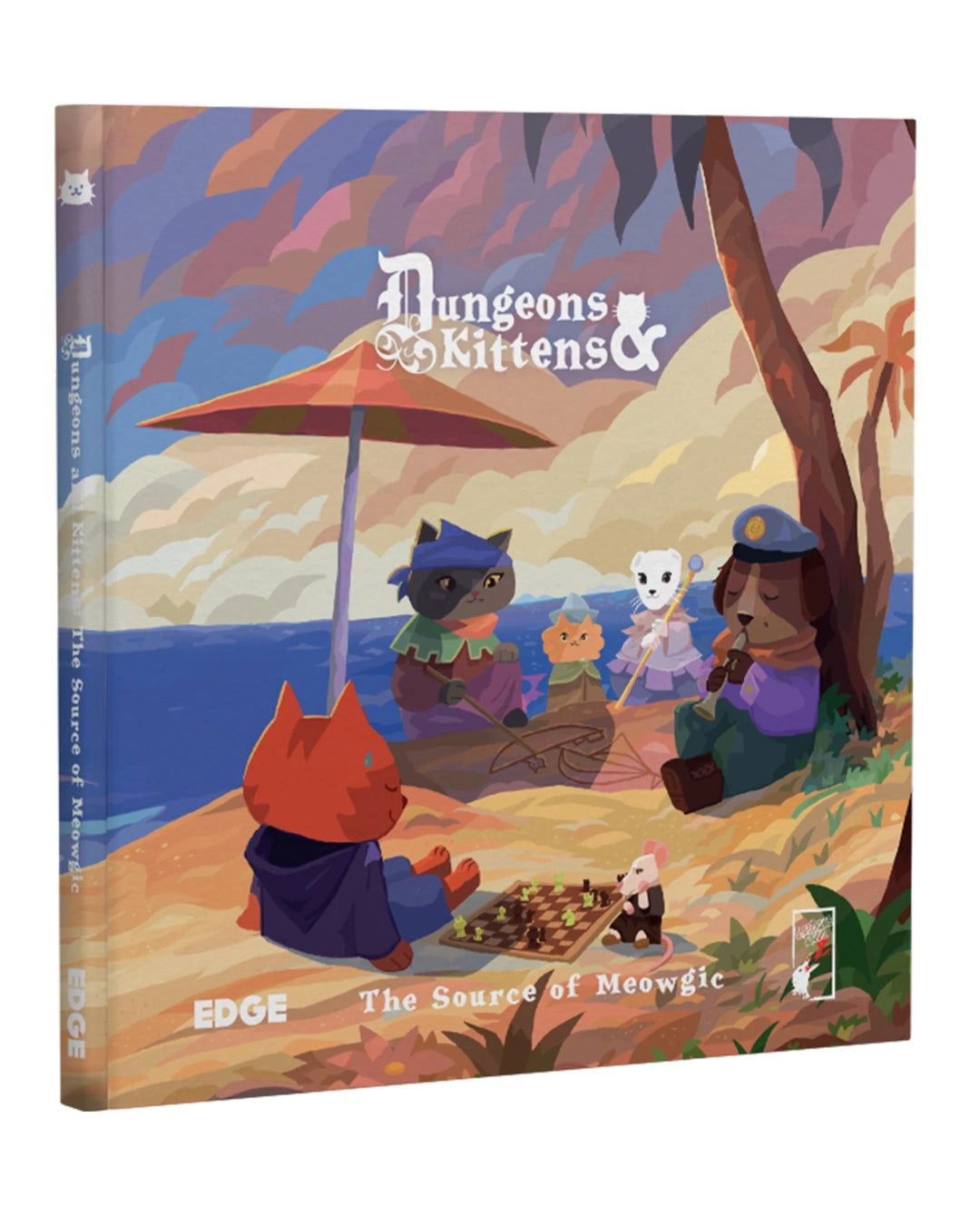 The Source of Meowgic: Dungeons & Kittens hardcover book by Edge, featuring a colourful fantasy illustration of anthropomorphic animals on a beach under a palm tree.