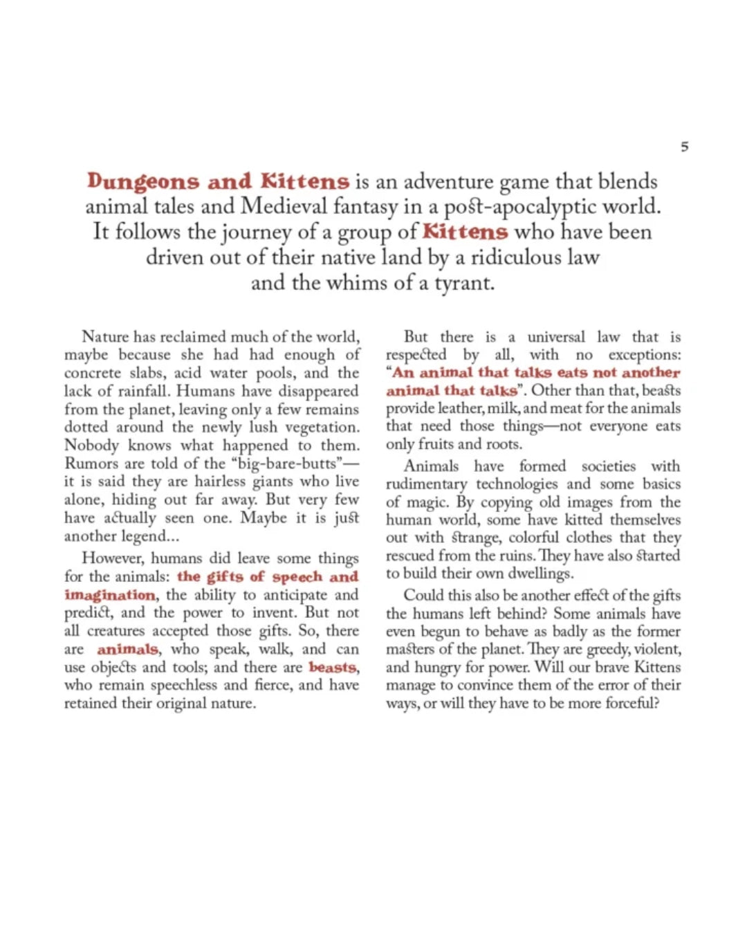Text describing 'Dungeons and Kittens' game on a white background