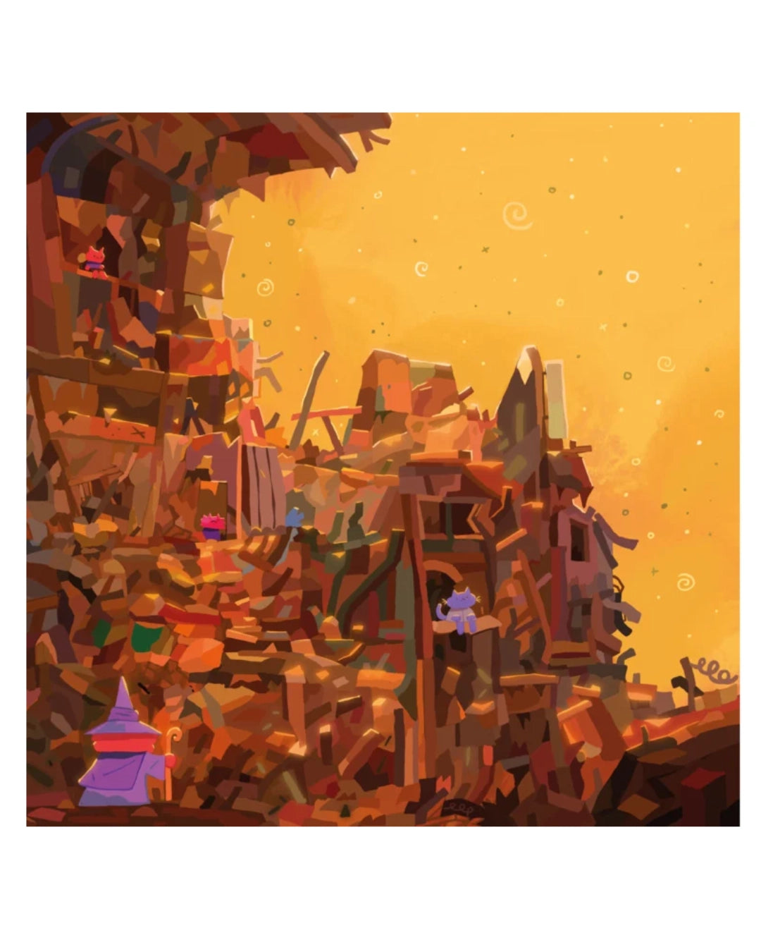 Dungeons & Kittens game core rulebook with colourful abstract art of a mountainous landscape with people on a yellow background