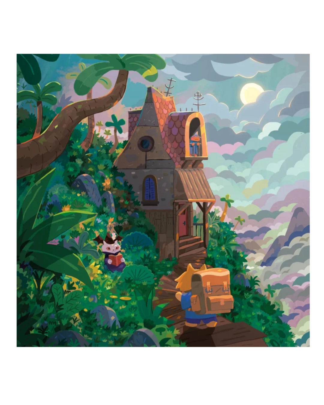 Dungeons & Kittens game core rulebook with a fantasy house in a lush forest with a colourful sky