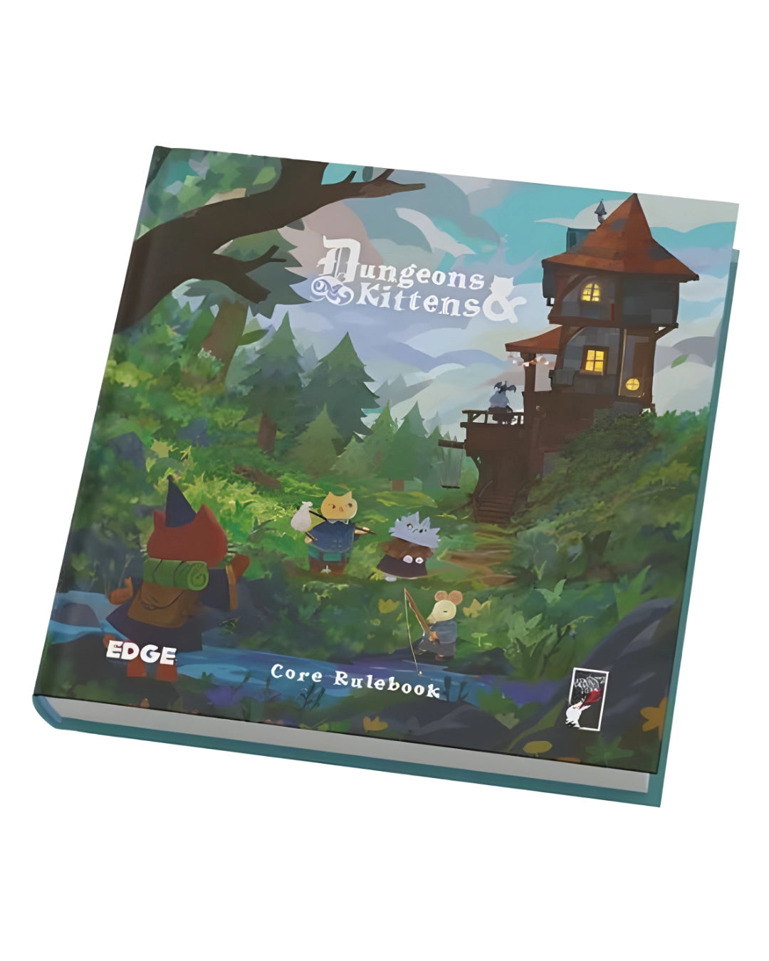 Dungeons & Kittens game core rulebook with cartoon characters and forest design on a white background