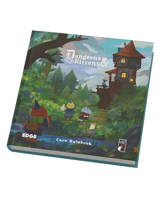 Dungeons & Kittens game core rulebook with cartoon characters and forest design on a white background