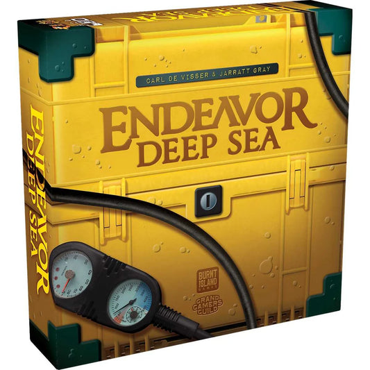 Endeavor Deep Sea board game packaging is designed as a yellow storage case
