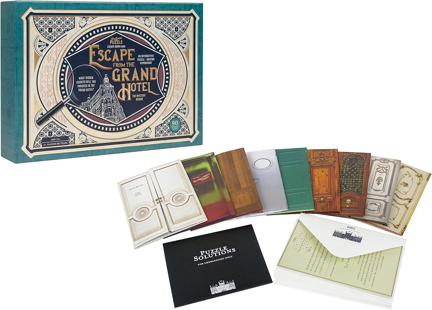 Board game packaging for 'Escape from the Grand Hotel' with various components on a white background