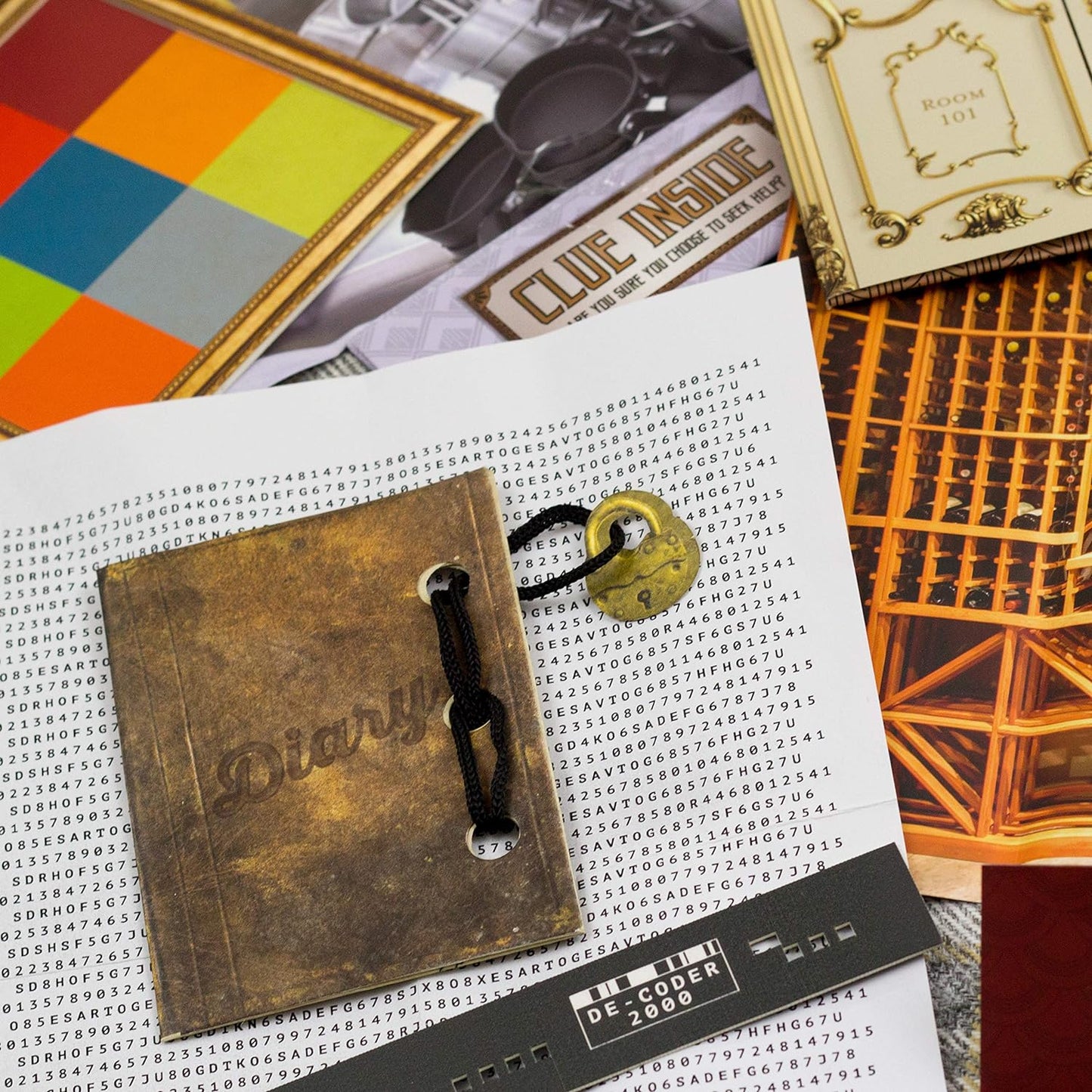 Decorative items including a 'Clue Inside' sign, a 'Diary' with a key, and a colorful puzzle on a textured surface.