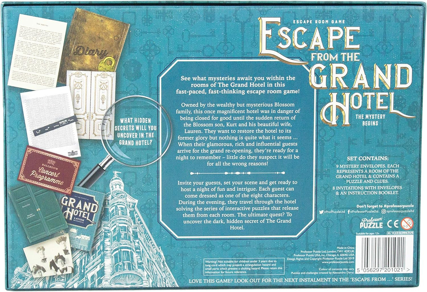 Back of an 'Escape from the Grand Hotel' board game packaging with text and graphics.