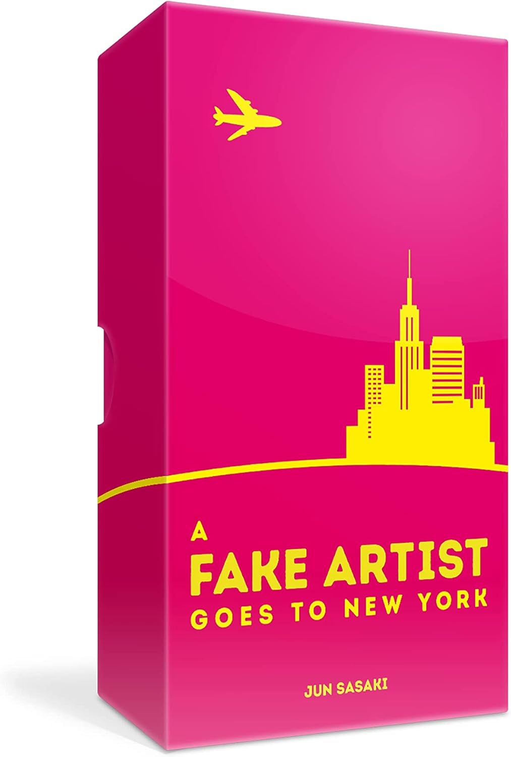 Book cover of 'A Fake Artist Goes to New York' with a pink background and yellow airplane and cityscape.